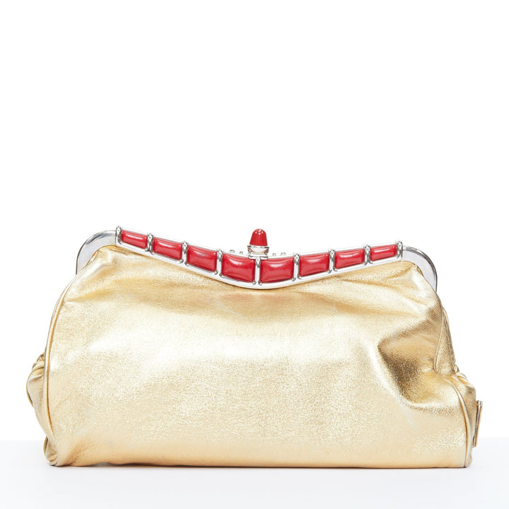 PRADA 2012 Runway hot rod metallic gold leather flame detail clutch bag