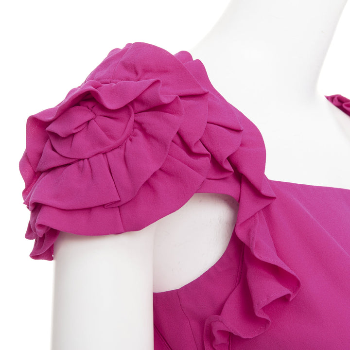 ESCADA Vintage fuchsia pink black silk rose applique midi gown FR34 XS