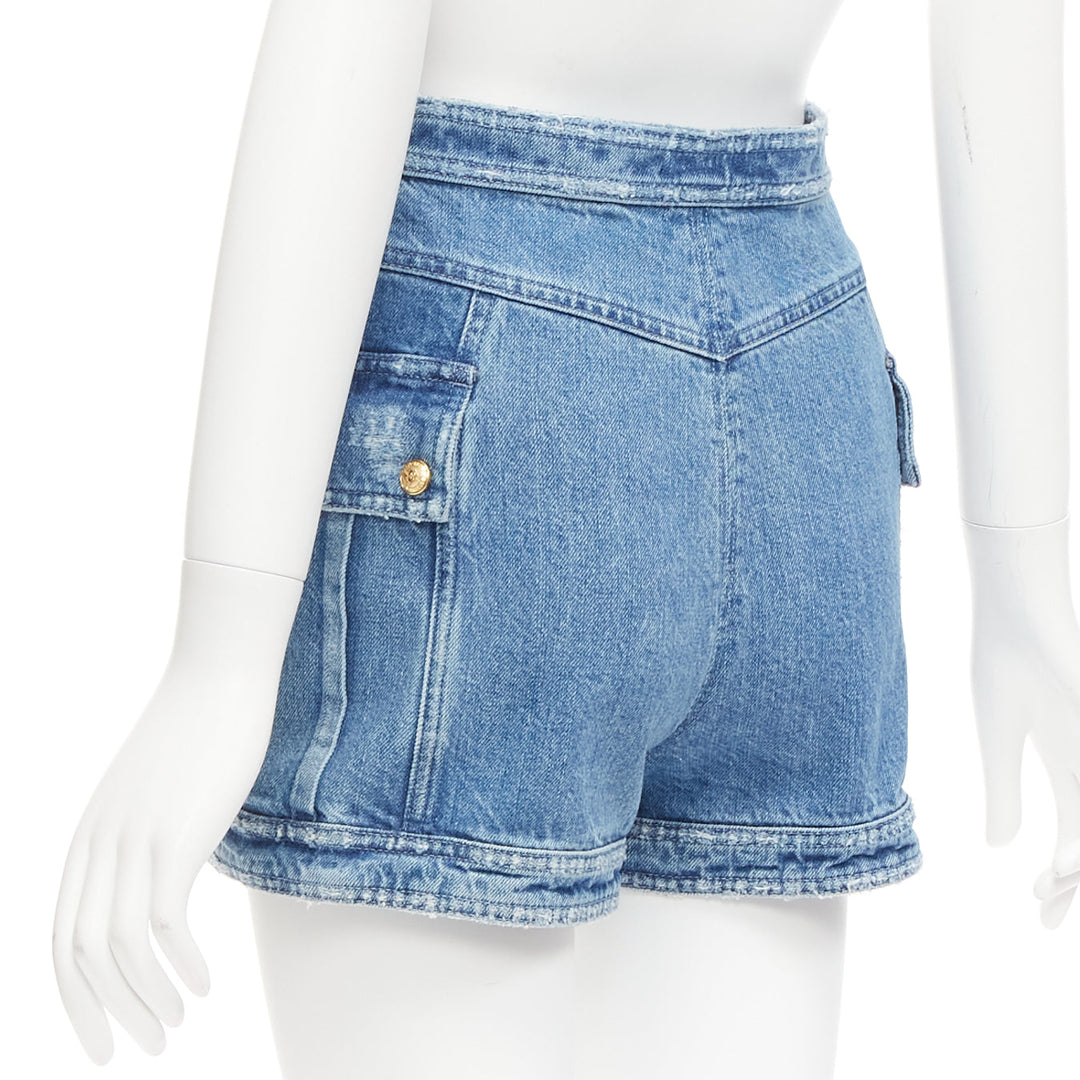 BALMAIN blue distressed denim gold buttons high waisted cargo shorts FR34 XS