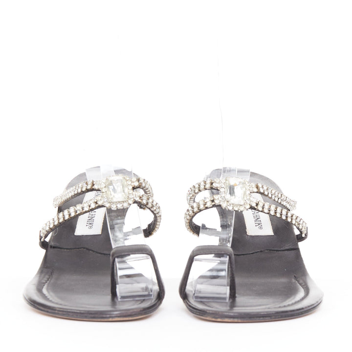 MANOLO BLAHNIK Vintage black leather crystal toe ring stiletto sandals EU37.5