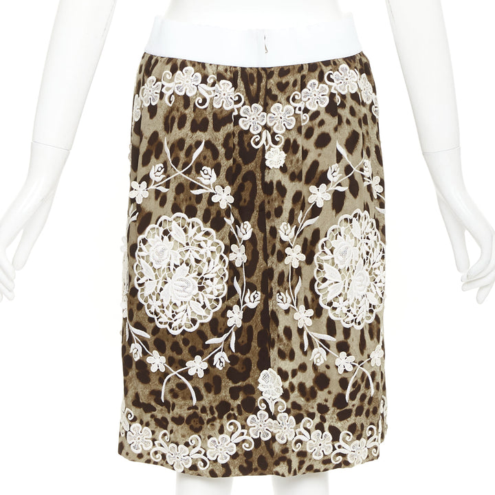 DOLCE GABBANA brown silk leopard print cream anglais embroidery skirt IT40 S