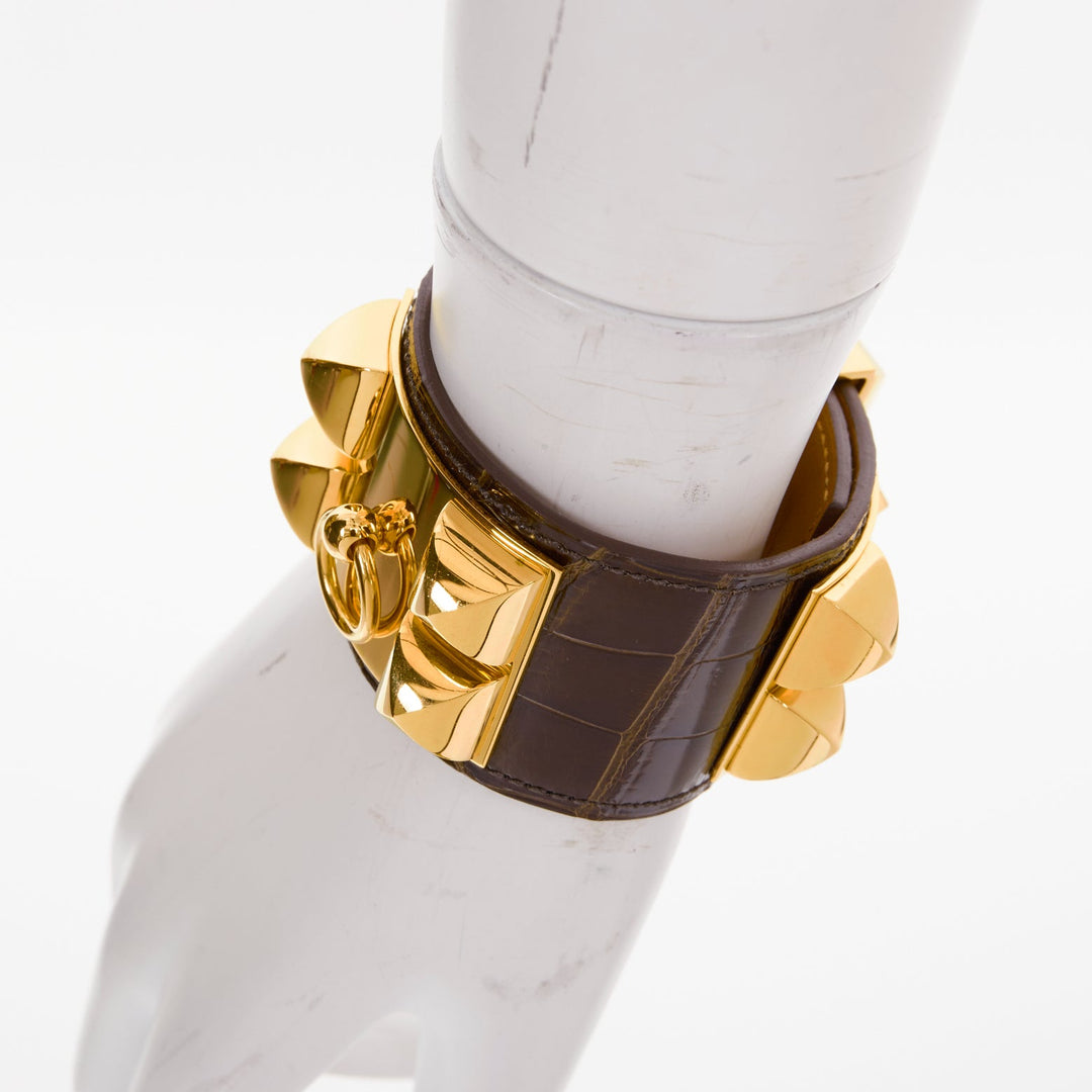 HERMES Collier de Chien brown shiny alligator gold medor cuff bracelet