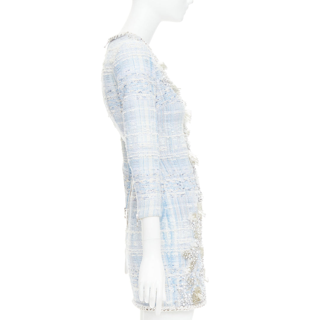 rare BALMAIN blue white tweed pearl bead embellished plunge mesh dress FR34 XS