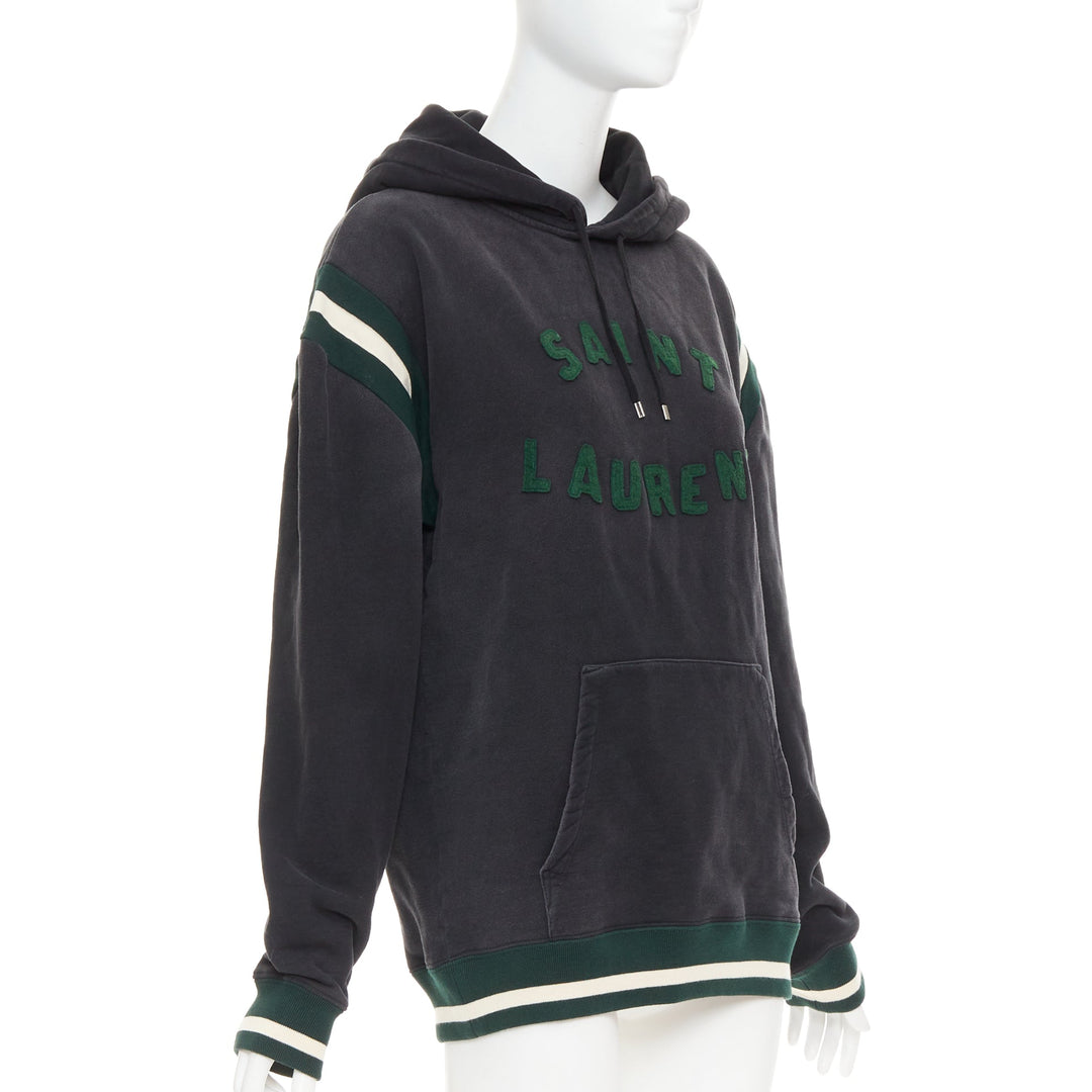 SAINT LAURENT 2022 grey washed cotton green alpaca logo patch varsity hoodie XS