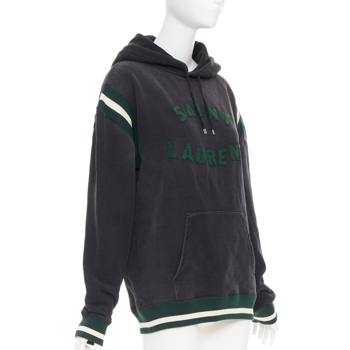 SAINT LAURENT 2022 grey washed cotton green alpaca logo patch varsity hoodie XS