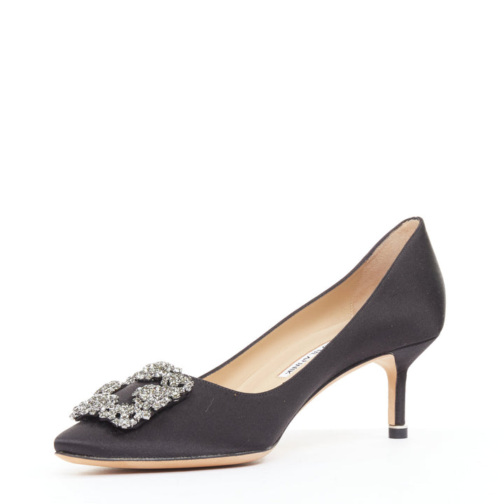 MANOLO BLAHNIK Hangisi black satin crystal brooch buckle heeled pumps EU38