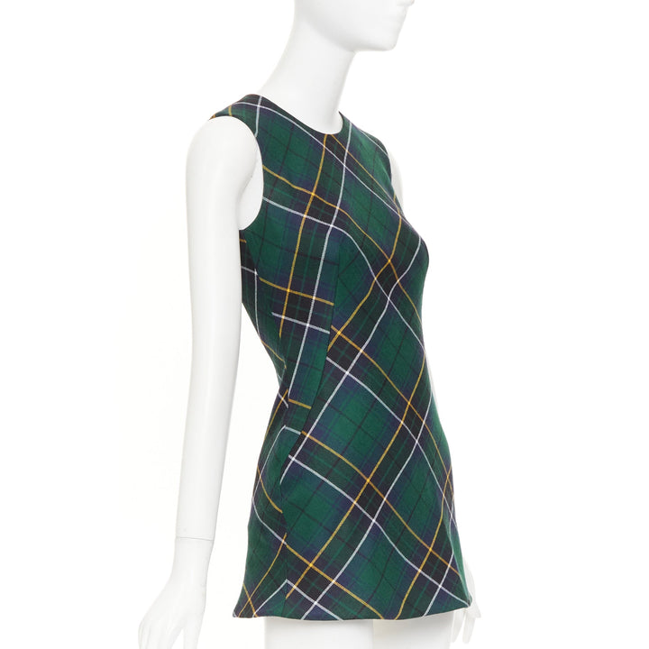 ALEXANDER MCQUEEN 2024 navy green yellow tartan wool sleeveless dress IT36 XXS