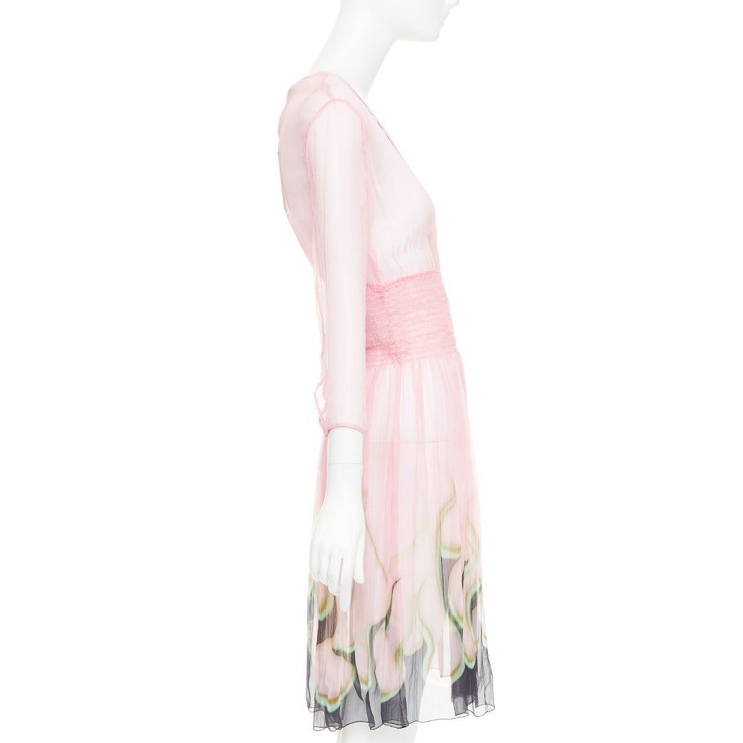 rare PRADA 2012 pink sheer silk chiffon green black flame knee dress IT42 M