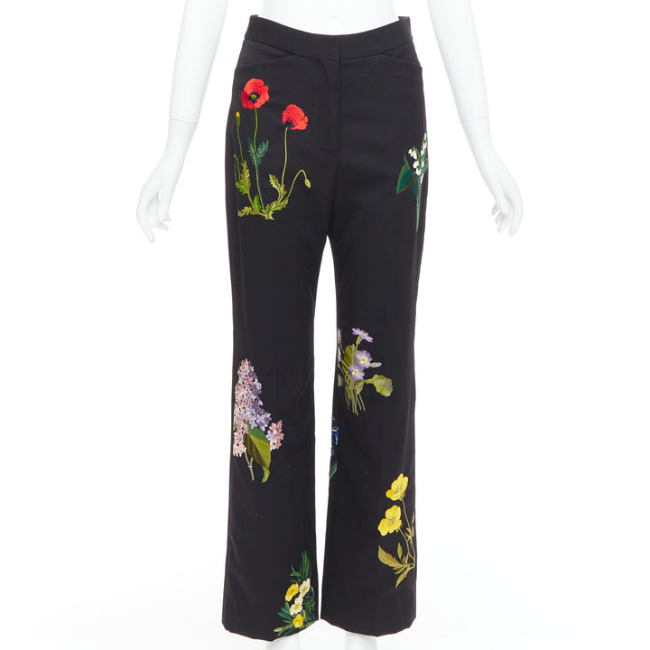 STELLA MCCARTNEY 2015 black 100% wool floral embroidery trousers IT36 XXS