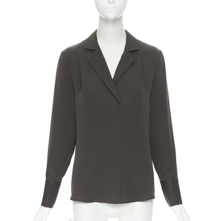 FRAME Dark Moss green 100% silk spread collar popover shirt blouse XS