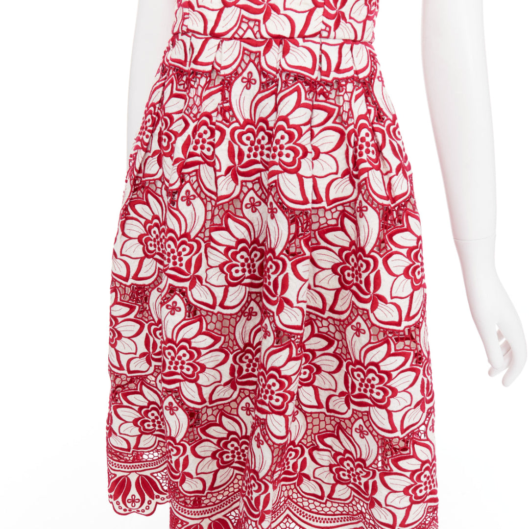 DOLCE GABBANA 2021 red cream floral embroidery anglais flared sun dress IT38 XS