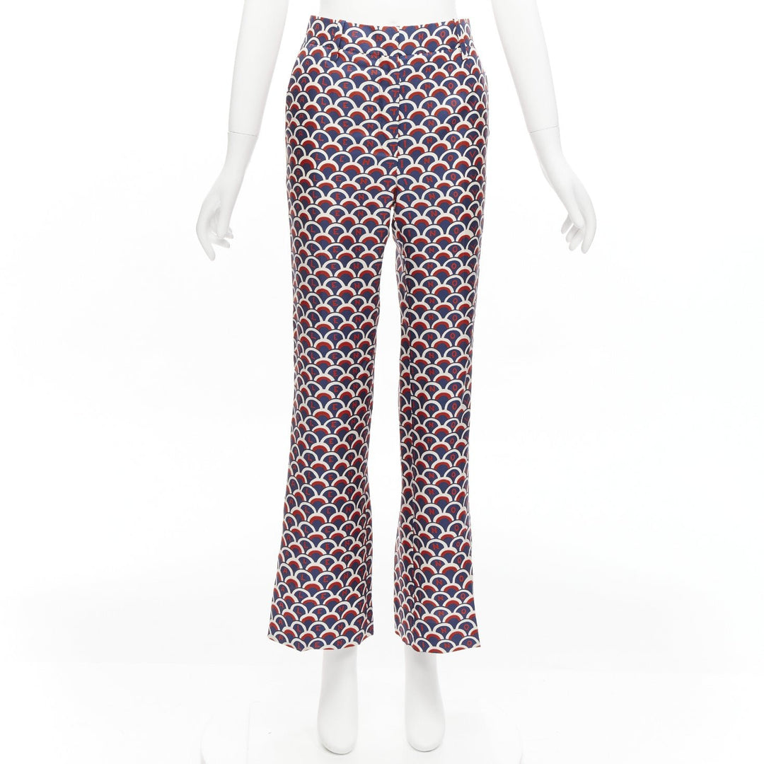 VALENTINO 100% silk  scallop print logo print navy red flared pants IT36 XXS