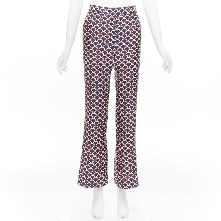 VALENTINO 100% silk  scallop print logo print navy red flared pants IT36 XXS