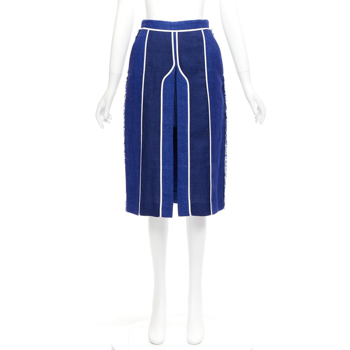 ACNE STUDIOS 2016 Kent Linen blue striped wool slit front midi skirt FR34 XS