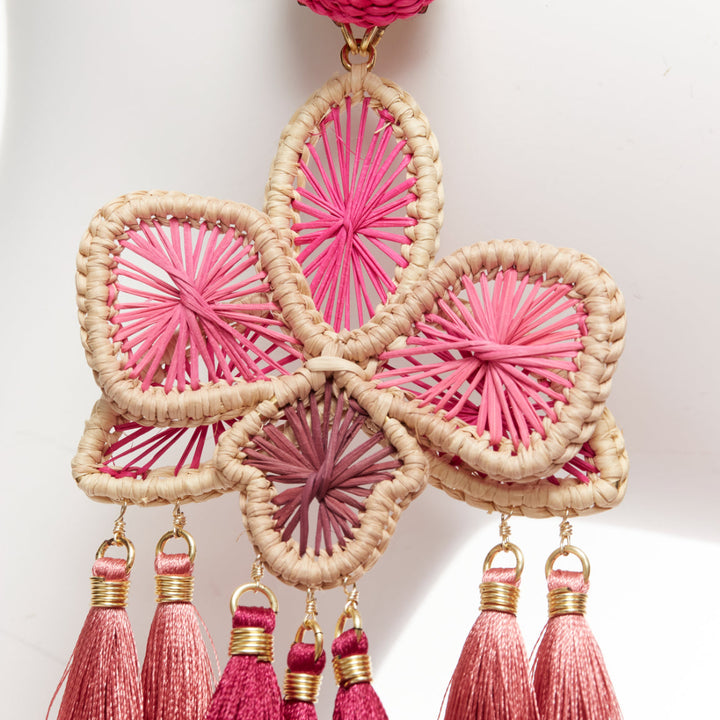 MERCEDES SALAZAR hot pink raffia red tassel dangling clip on earrings Pair