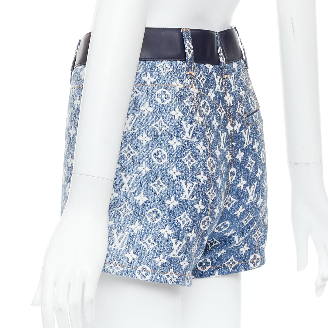 LOUIS VUITTON blue monogram jacquard denim  leather trim zip shorts FR34 XS