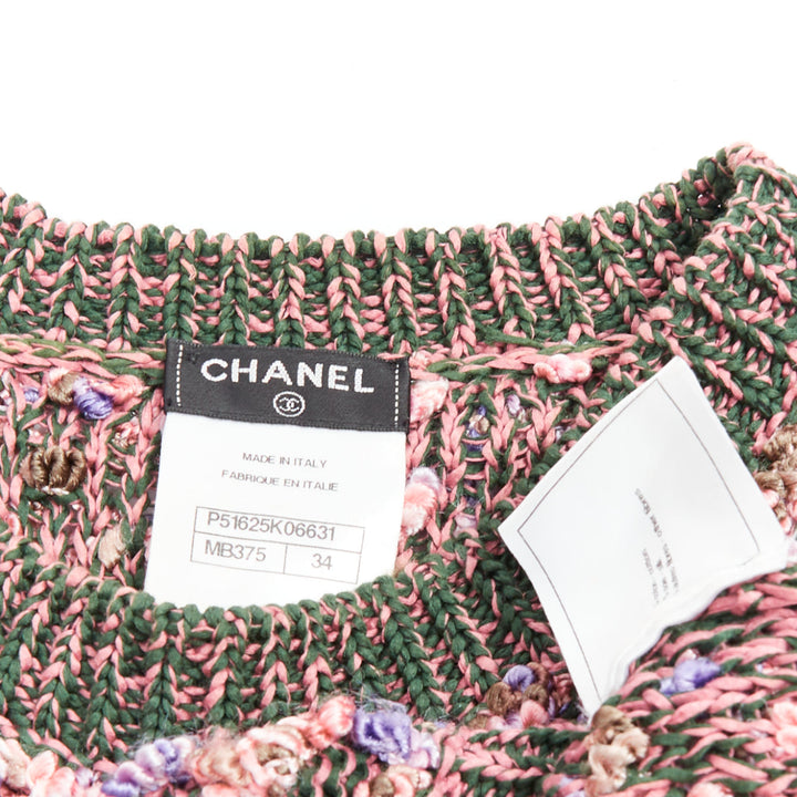 CHANEL 2015 pink green textured boucle knit CC resin crop sweater FR34 XS