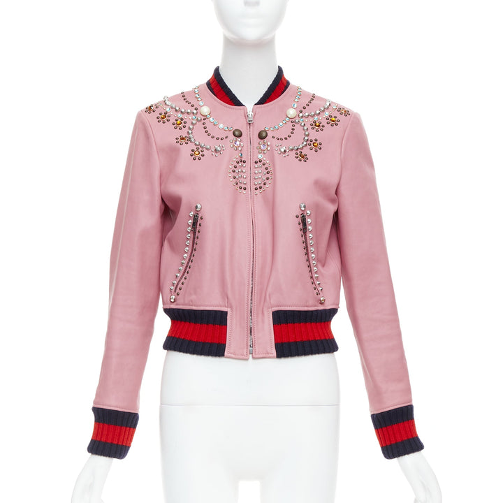 GUCCI pink lambskin pearl embellished web trim crop bomber IT40 S