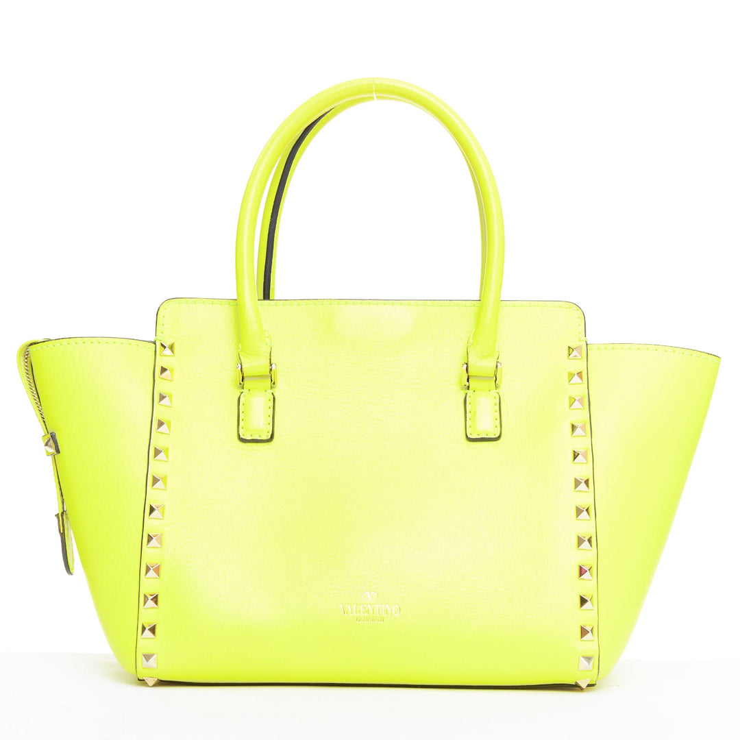 VALENTINO Rockstud neon yellow leather pyramid stud tote bag