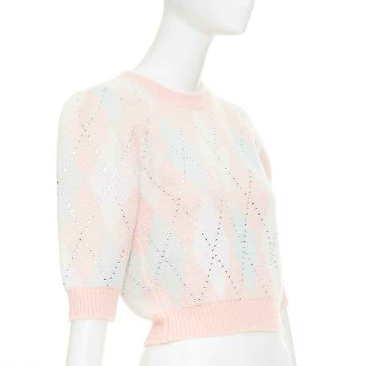 ALESSANDRA RICH Crystal pink argyle checked mohair blend top IT38 XS