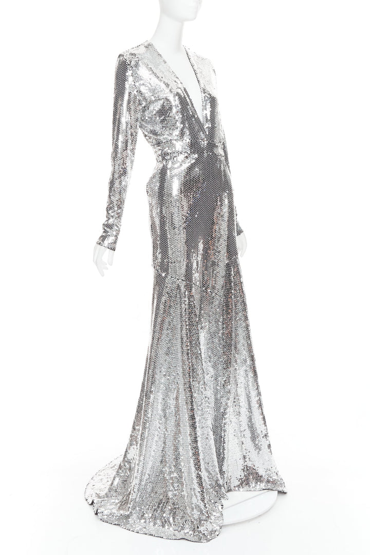 ALEXANDRE VAUTHIER COUTURE SS2015 Runway silver sequin plunge neck gown dress