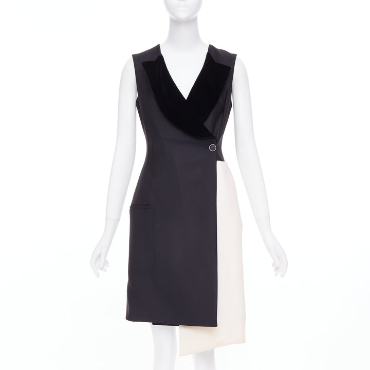 CHRISTIAN DIOR 2013 Raf Simons black white velvet lapels asymmetric dress FR36 S