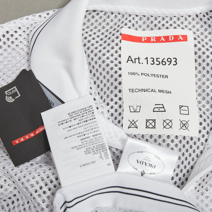 PRADA 2020 white sport mesh red logo half zip boxy polo shirt L