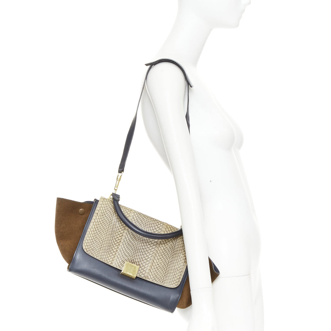 CELINE Trapeze beige scaled leather flap navy brown gold hardware bag