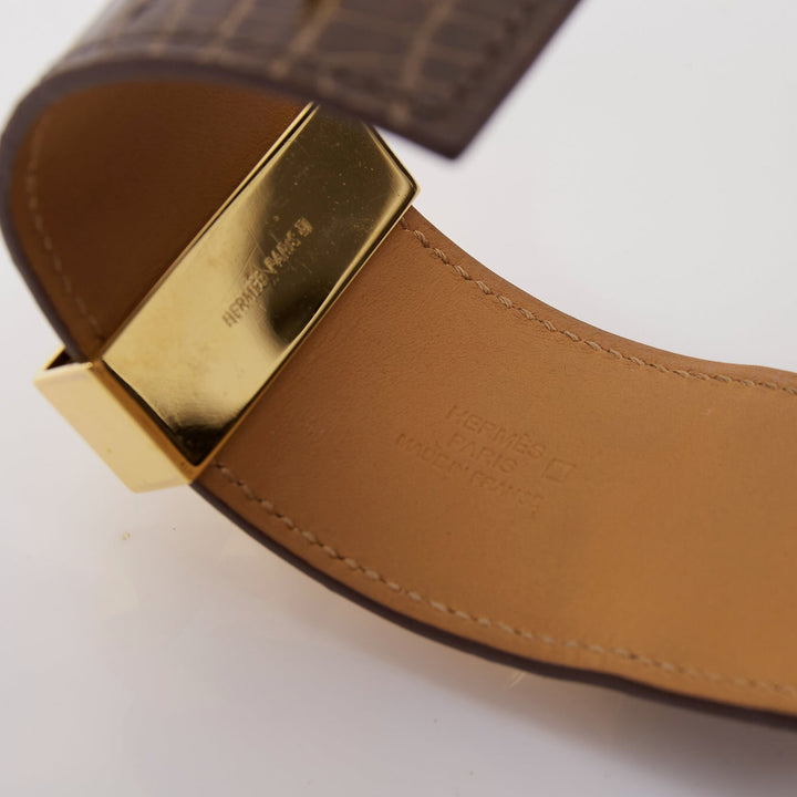 HERMES Collier de Chien brown shiny alligator gold medor cuff bracelet