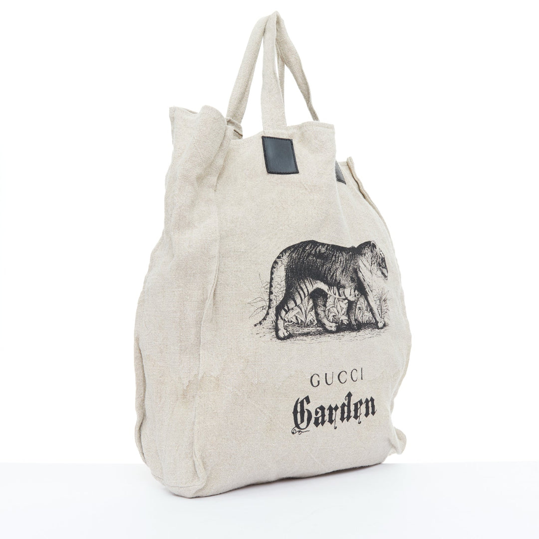 GUCCI Garden black tiger print beige linen canvas leather trim large tote bag
