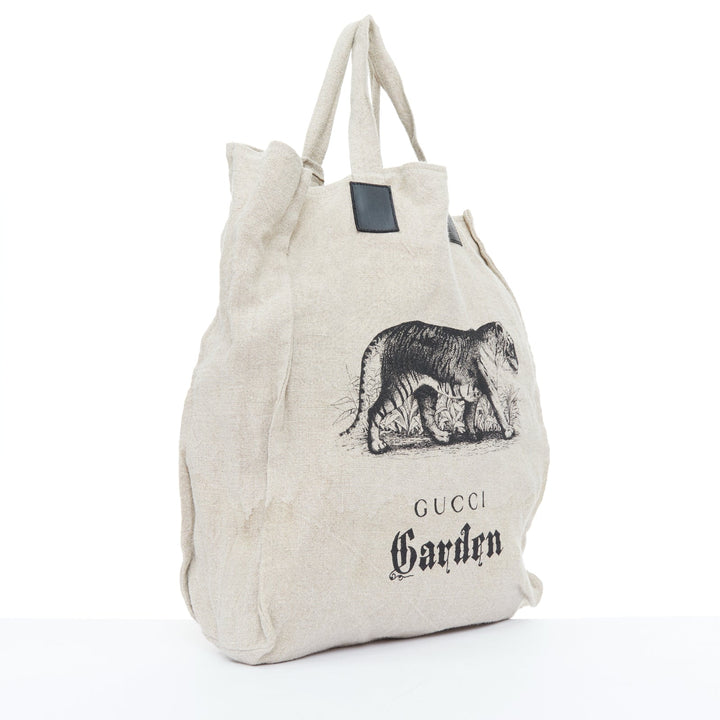 GUCCI Garden black tiger print beige linen canvas leather trim large tote bag