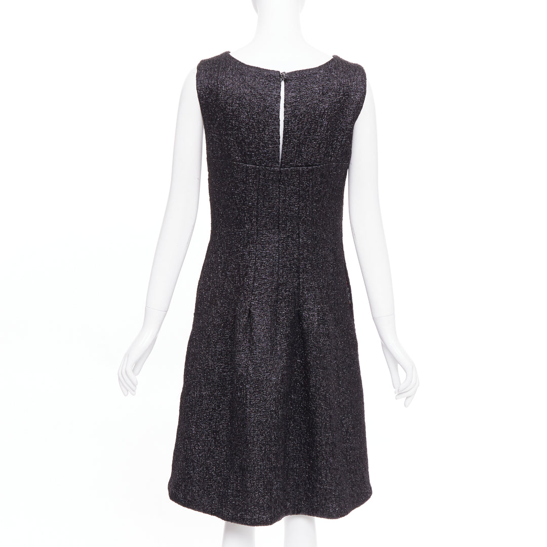 CHANEL 2016 Runway gunmetal glitter black pleated tweed sleeveless dress FR42 L