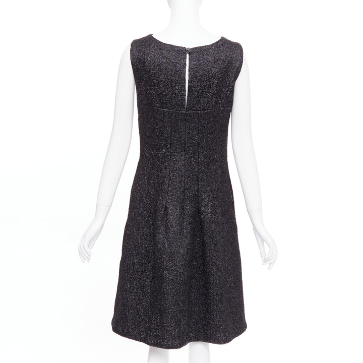 CHANEL 2016 Runway gunmetal glitter black pleated tweed sleeveless dress FR42 L