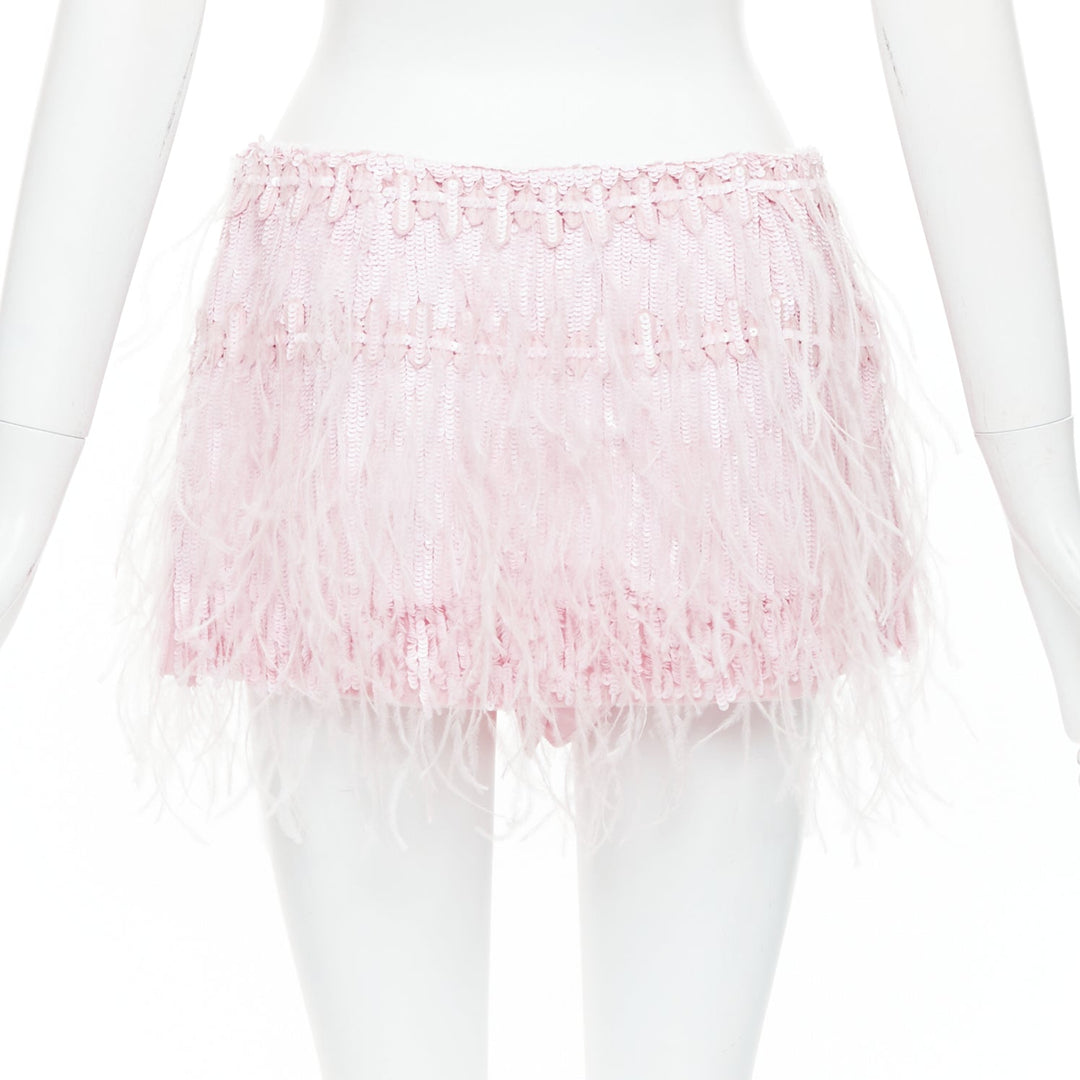 VALENTINO 2023 baby pink silk sequin ostrich feather mini skirt IT40 S