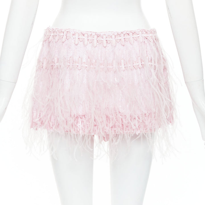 VALENTINO 2023 baby pink silk sequin ostrich feather mini skirt IT40 S