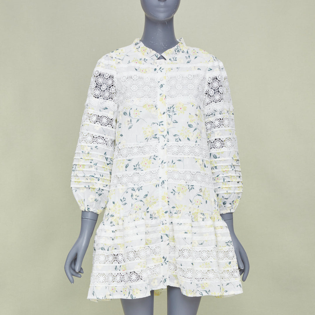 EN SAISON yellow multi floral printed eyelet lace tiered mini dress S