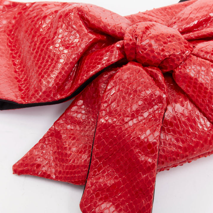 VALENTINO red glossy scaled leather oversized bow top zip evening clutch bag
