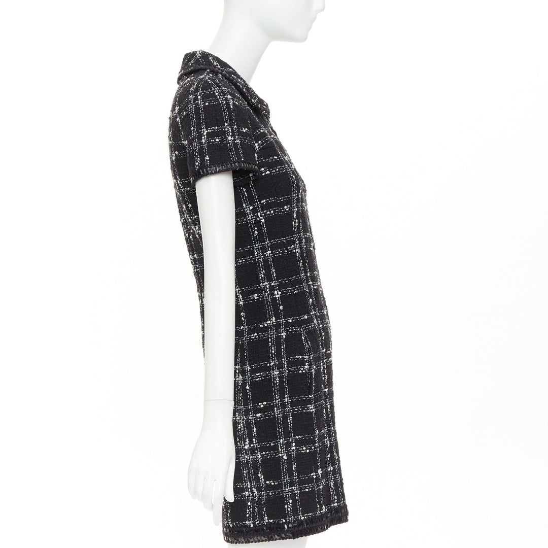 CHANEL 2007 black white check plaid bow collar fringe tweed dress FR36 S