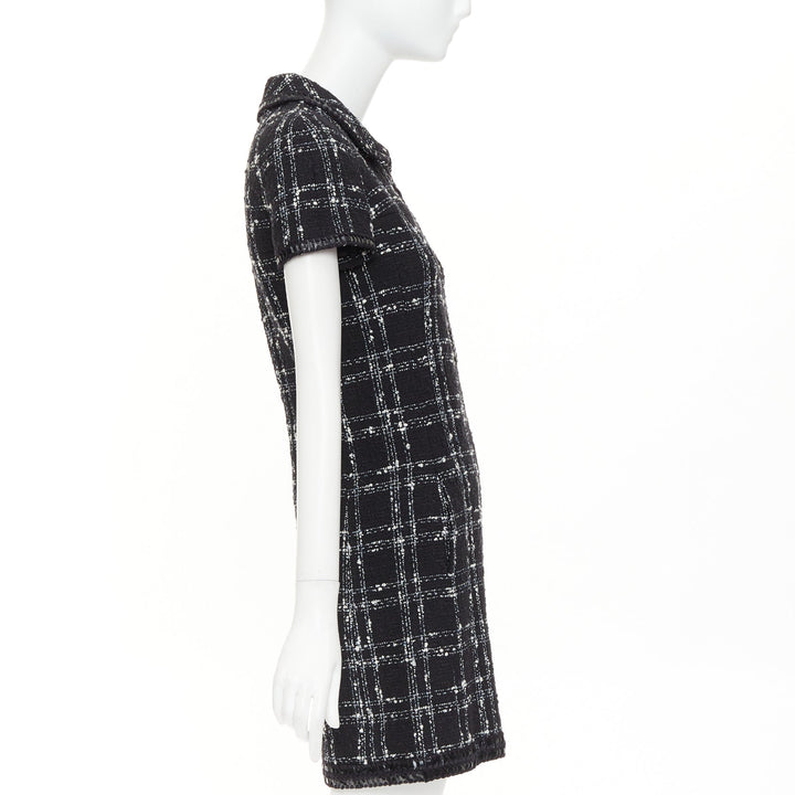 CHANEL 2007 black white check plaid bow collar fringe tweed dress FR36 S