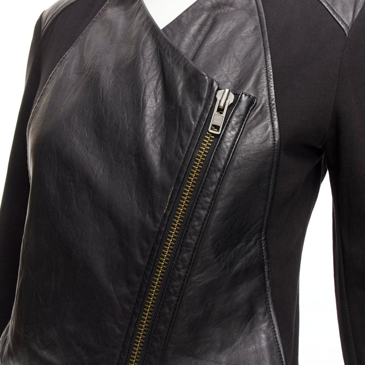 HELMUT LANG HELMUT black lambskin leather cotton sleeves asymmetric biker S