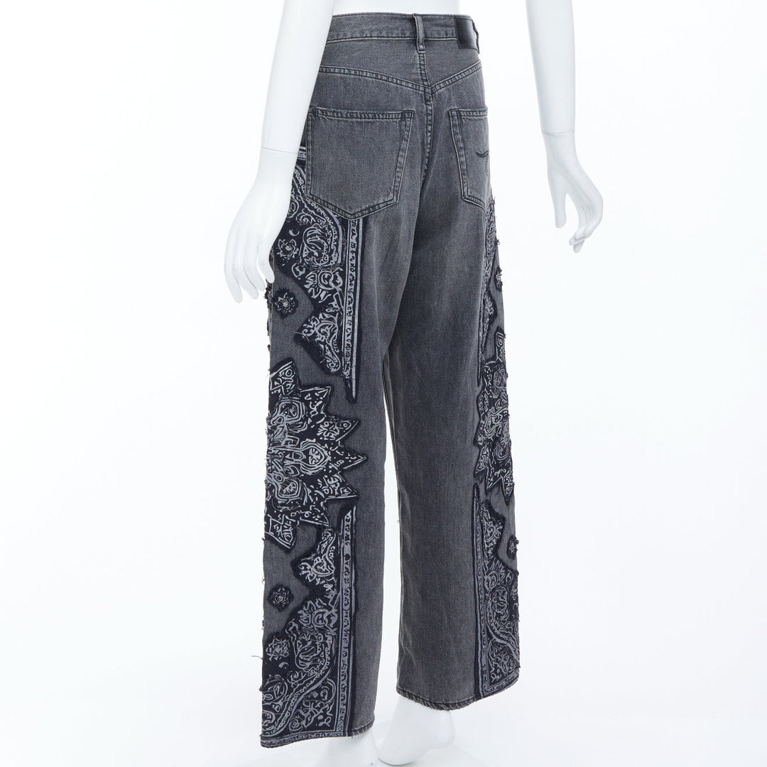 R13 2024 Venti black paisley raw hem drop crotch loose boyfriend jeans 23"