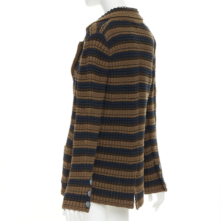 CHANEL striped textured knit brown navy wool cotton jacket FR36 S