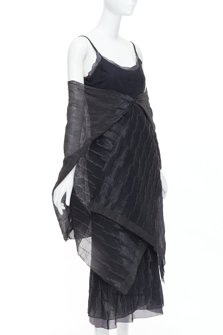 rare ROMEO GIGLI Vintage black wool blend crinkled dress sheer shawl IT42 M