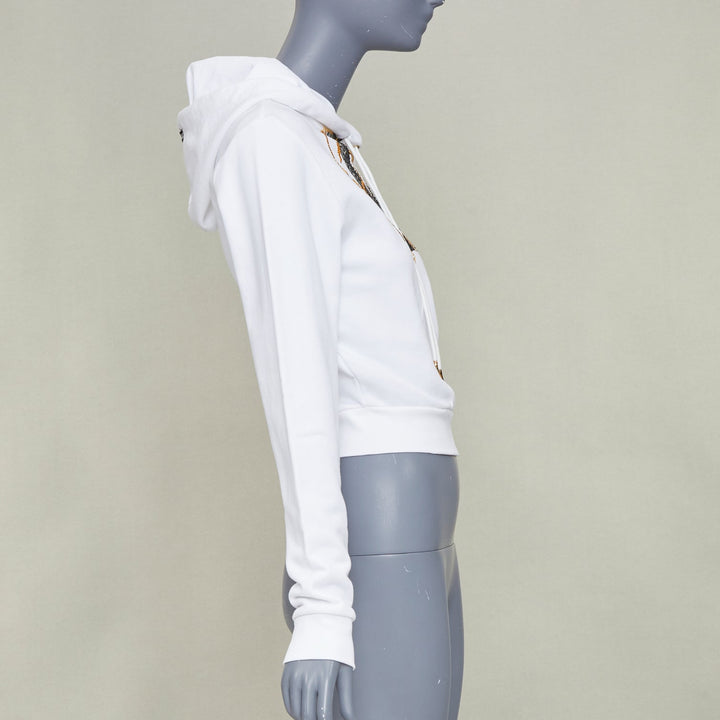 ROBERTO CAVALLI 2022 white cotton crystal embellish snake chain crop hoodie  XS