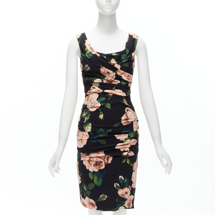 DOLCE GABBANA black pink rose print silk lined draped mid cocktail dress IT38 XS