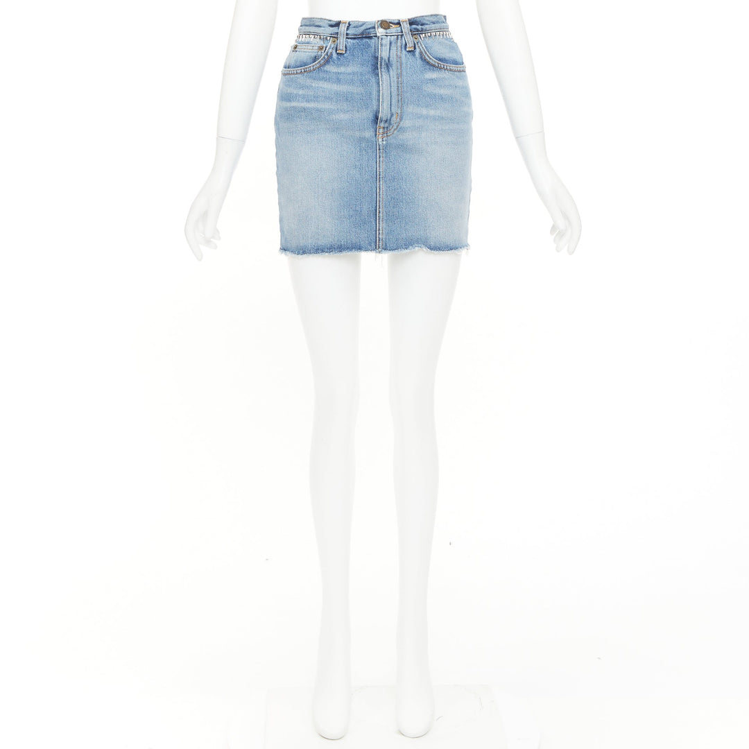 SAINT LAURENT 2016 blue washed denim studded waistband mini skirt 25"