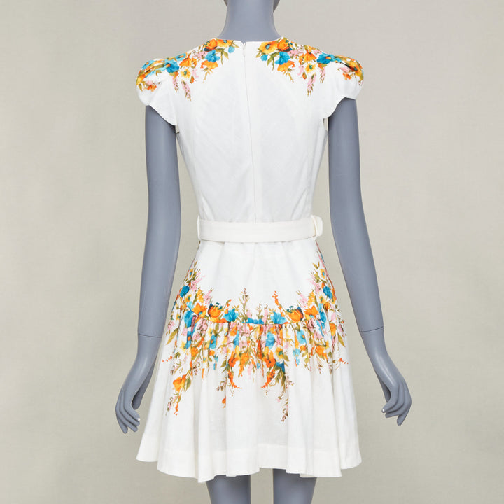 ZIMMERMANN Estelle white linen multicolor floral print belted mini dress Sz.1 XS