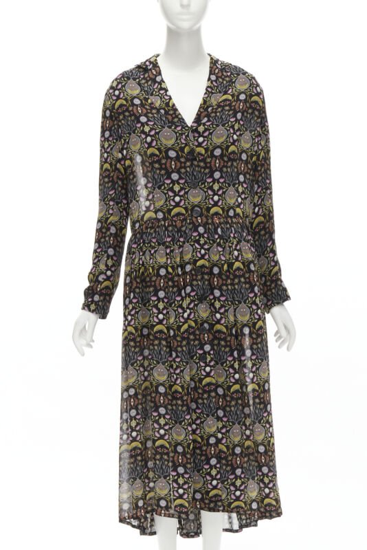 CHLOE 2018 Mystic Eye black yellow viscose bohemian print midi dress FR34 XS