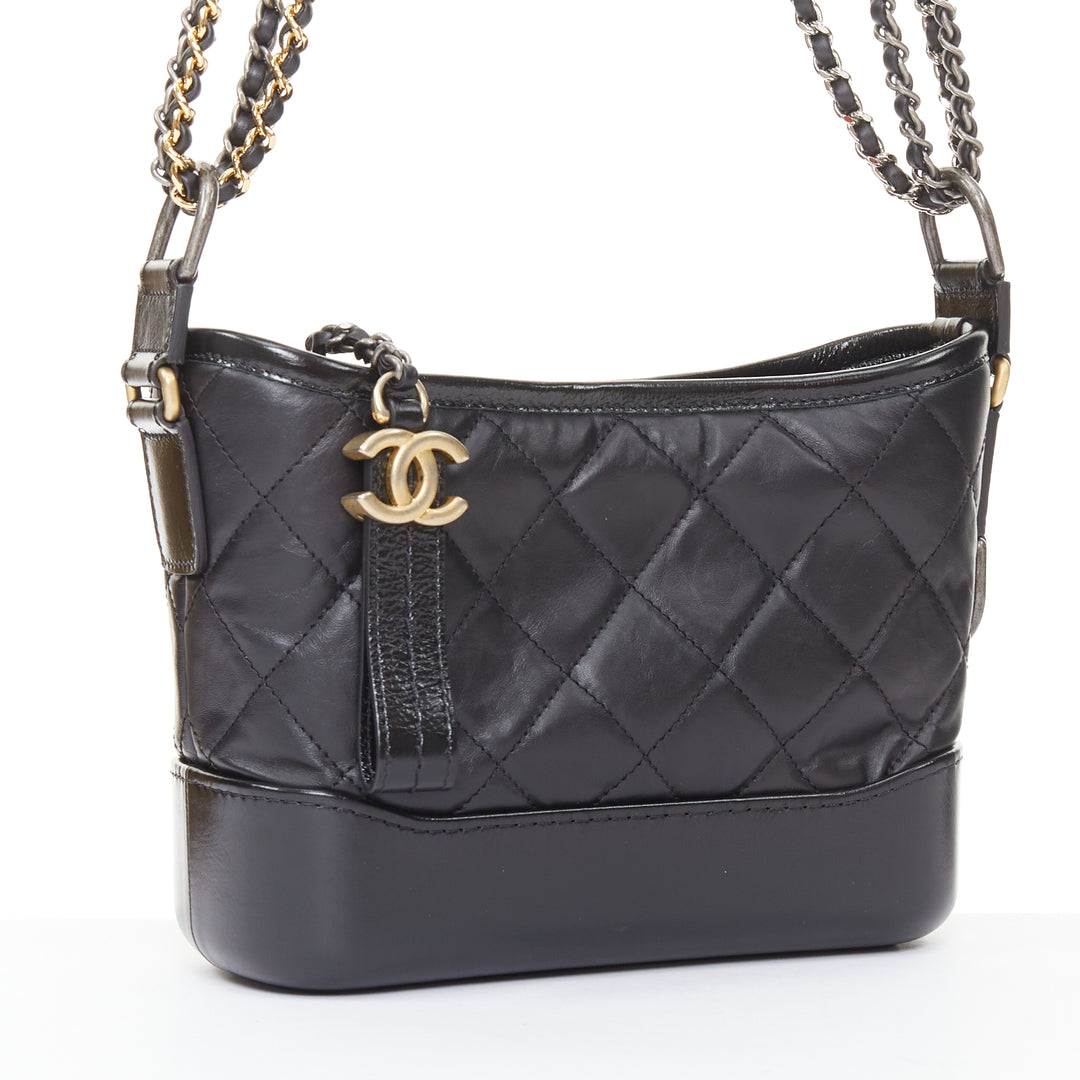 CHANEL Gabrielle Small black aged leather mix metal chain CC crossbody hobo bag