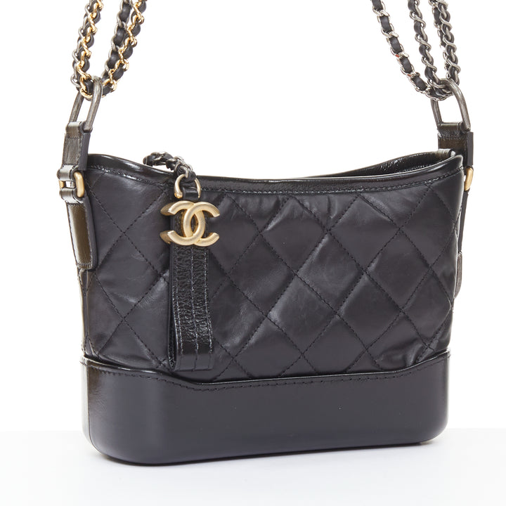 CHANEL Gabrielle Small black aged leather mix metal chain CC crossbody hobo bag